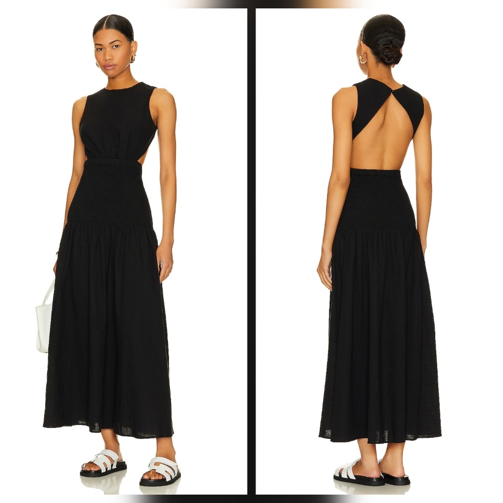 SNDYS Lottie Dress sz M Black Cut Out Back with Smocked Waist 100% Cotton